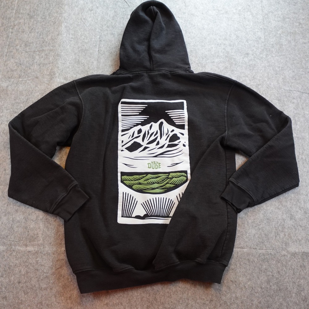 Hey Dude Hoodie Mens Extra Large Black Graphic Mountain Print Pullover Fleece